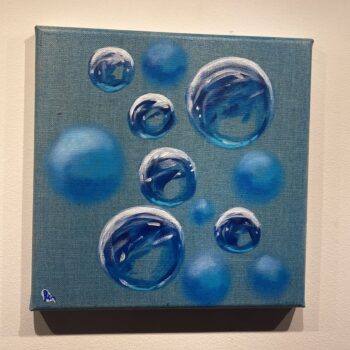 Tableau de bulles de champagne peint à l'acrylique lors de l'atelier peinture à L'atelier en ville, Nivelles