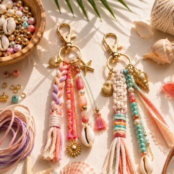 Deux porte-clés bijoux dans les tons rose et vert faits main — atelier porte-clé bijou Nivelles — L'Atelier en Ville