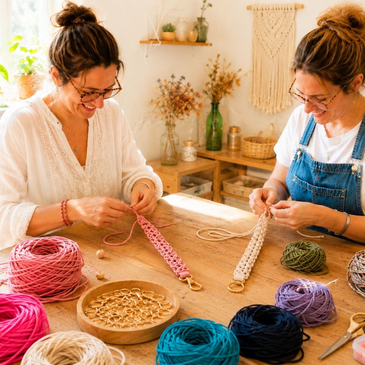 2 copines créant sangles macramé — atelier sangle macramé Nivelles