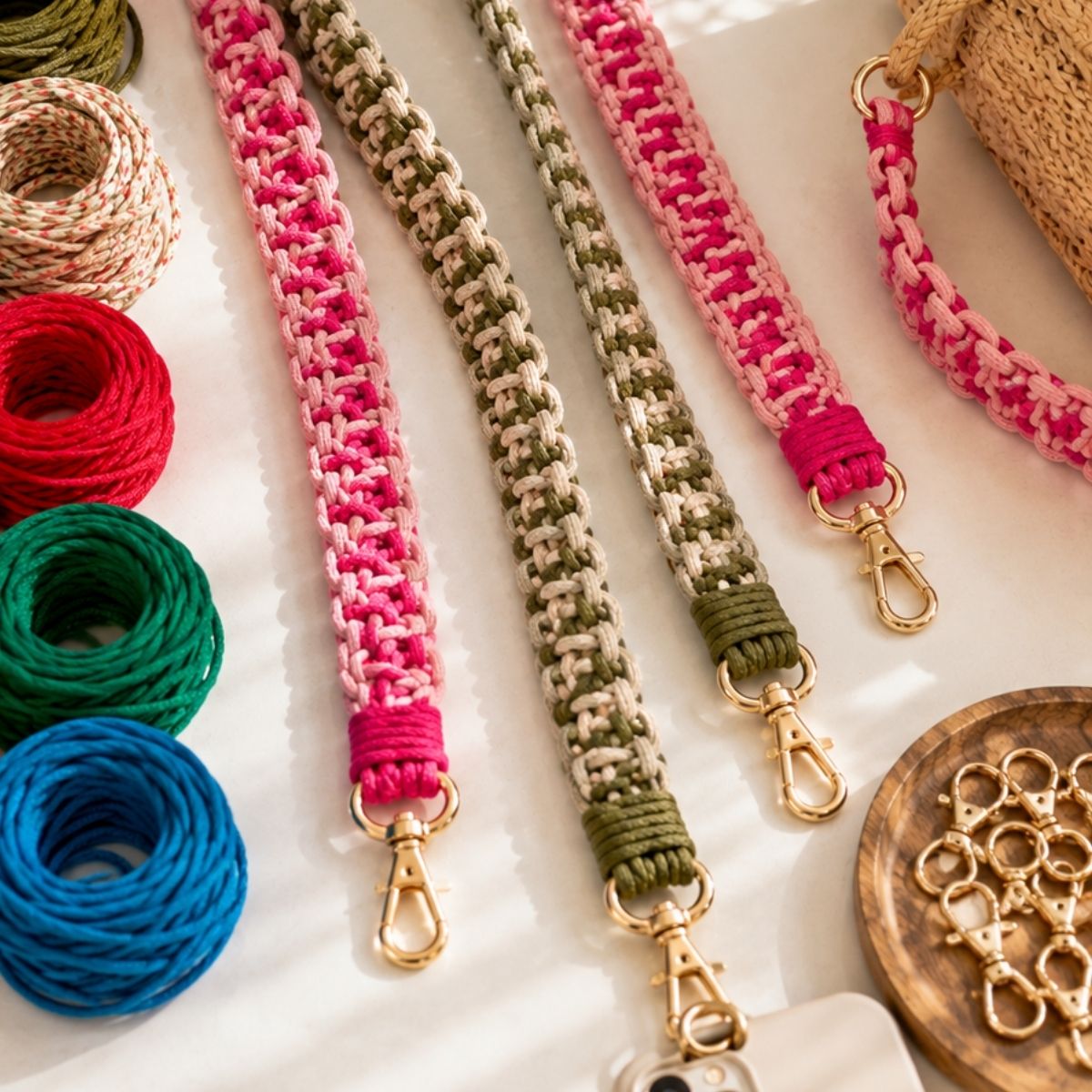 Sangles macramé roses et vertes faites main — atelier sangle macramé Nivelles L'Atelier en Ville