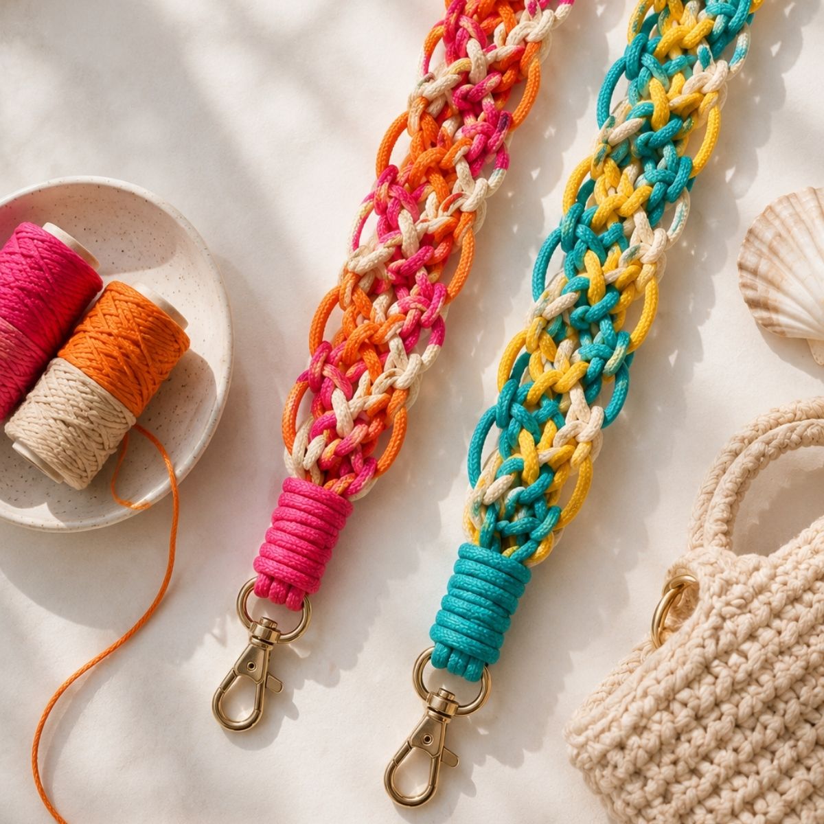 Gros plan sangles macramé colorées nœuds — atelier créatif Nivelles Brabant Wallon