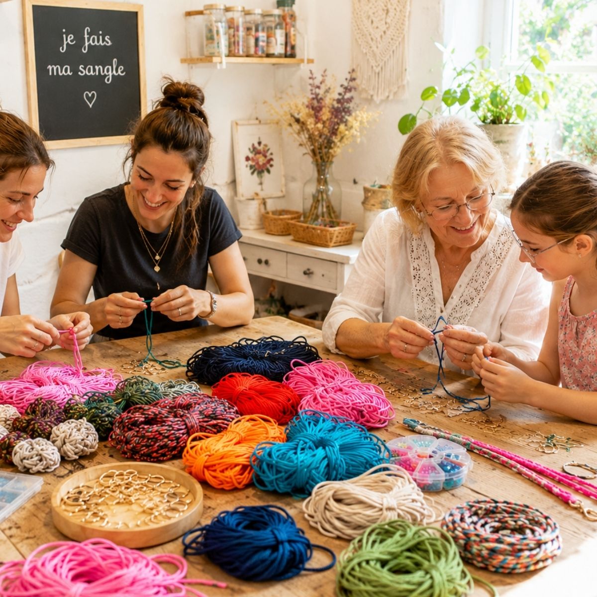 Groupe femmes créant sangles macramé — atelier sangle macramé Nivelles