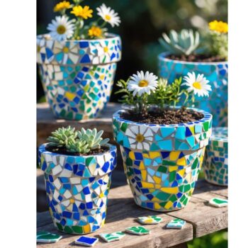 Pots de fleurs en mosaïque réalisés lors d'un atelier créatif à Nivelles