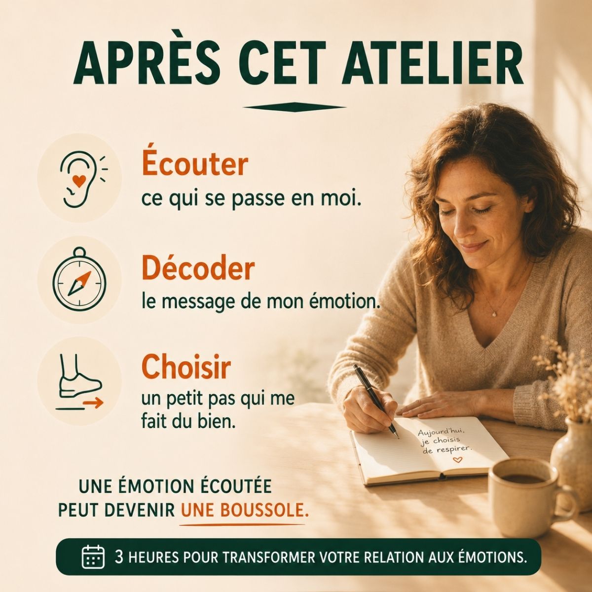 Après l'atelier Déclic "Mes émotions, ma boussole intérieure", apprenez à écouter vos émotions, décoder leurs messages et choisir des actions alignées avec vos besoins.